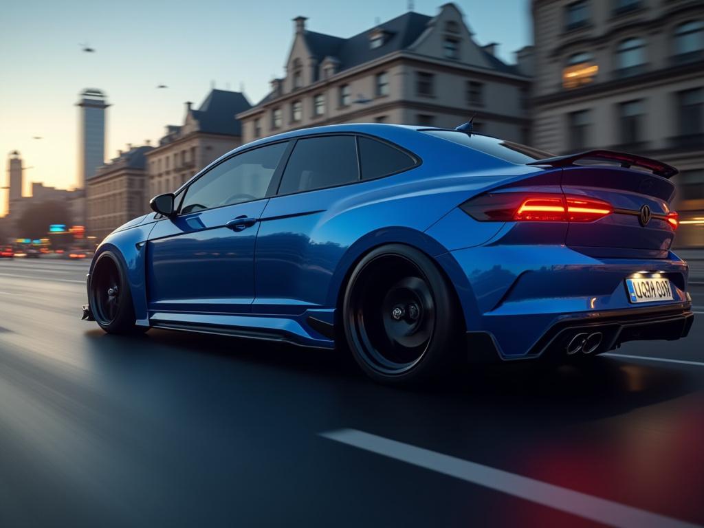 एक कस्टम नीले रंग की स्पोर्ट्स कार का साइड प्रोफाइल